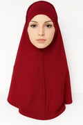 Red 2-piece khimar hijab set in heavy jersey fabric with full drape coverage and stretch undercap, modest Muslim women headwear, long flowing khimar scarf for prayer, daily wear, Eid, and modest fashion styling