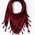 Red and black keffiyeh scarf with tassel edges displayed on white background, traditional checkered Arab style scarf, lightweight cotton fashion scarf from Affordable Hijab USA