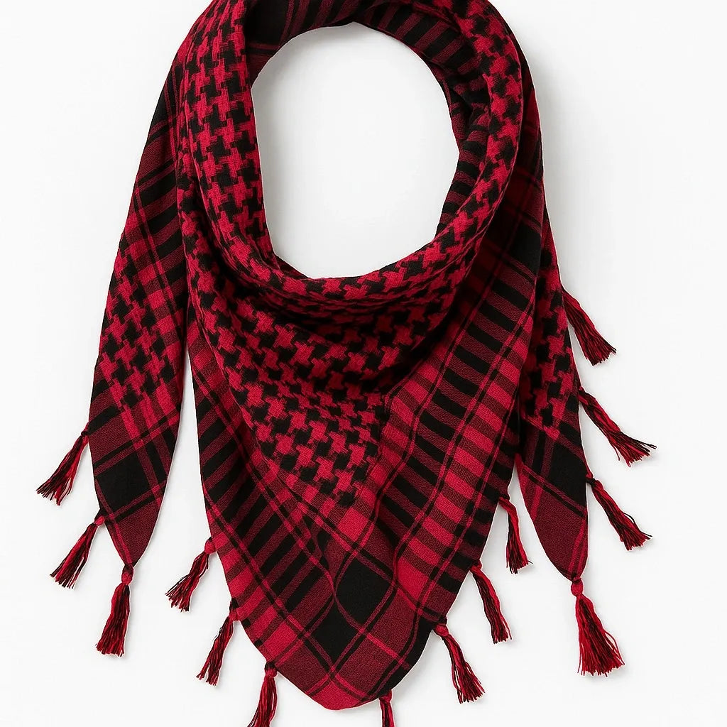 Red and black keffiyeh scarf with tassel edges displayed on white background, traditional checkered Arab style scarf, lightweight cotton fashion scarf from Affordable Hijab USA
