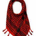 Red and black keffiyeh scarf with traditional checkered pattern and tassel edges, lightweight square shemagh scarf displayed on white background, cultural Arab style scarf from Affordable Hijab USA