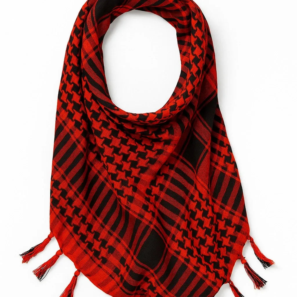 Red and black keffiyeh scarf with traditional checkered pattern and tassel edges, lightweight square shemagh scarf displayed on white background, cultural Arab style scarf from Affordable Hijab USA