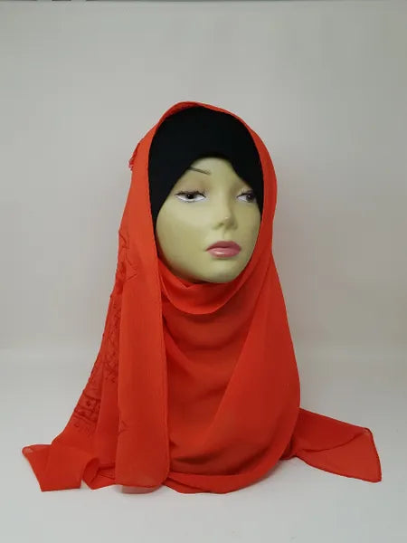 Bright red chiffon hijab draped on mannequin, soft breathable scarf for modest wear, lightweight smooth fabric, flowy elegant texture, bold red hijab for everyday styling and special occasions