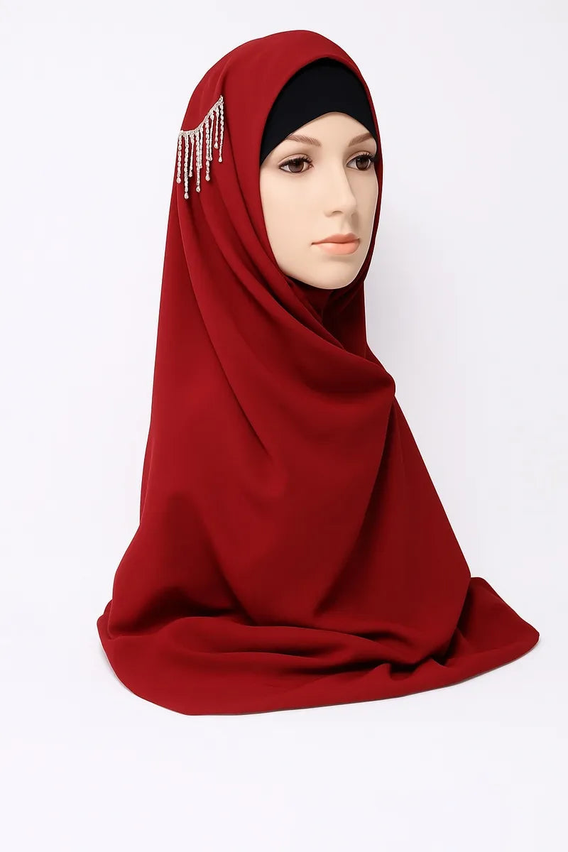Red chiffon hijab scarf for women, bold modest headscarf, soft lightweight breathable Muslim wrap, full coverage elegant drape, formal and everyday styling hijab