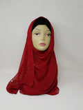 Deep red chiffon hijab scarf on mannequin, lightweight breathable fabric, soft flowy modest headscarf for women, smooth texture elegant drape, perfect for everyday wear, prayer, and special occasions, stylish solid red chiffon hijab