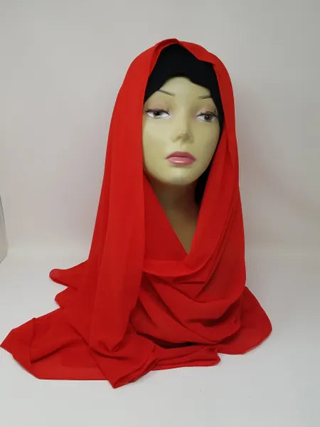 Red chiffon hijab scarf for women, lightweight sheer breathable hijab, soft flowy chiffon headscarf for modest fashion, elegant red chiffon hijab for everyday wear and prayer, long chiffon hijab scarf with smooth drape and comfortable styling