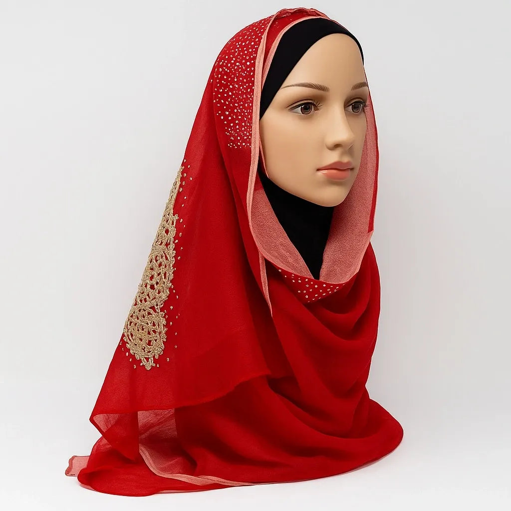 Red chiffon hijab with gold lace embroidery elegant lightweight modest headscarf for women