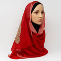 Red chiffon hijab with gold lace embroidery elegant lightweight modest headscarf for women