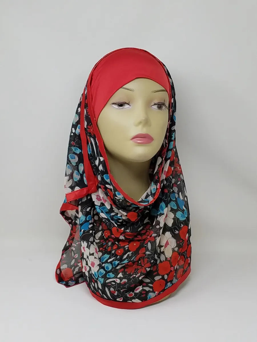 Red floral attached hijab with underscarf attached to scarf, lightweight modest hijab scarf for women, easy slip on style, breathable fabric, everyday wear, prayer hijab, instant hijab for quick styling, comfortable full coverage headscarf