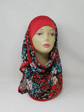 Red floral attached hijab with underscarf attached to scarf, lightweight modest hijab scarf for women, easy slip on style, breathable fabric, everyday wear, prayer hijab, instant hijab for quick styling, comfortable full coverage headscarf