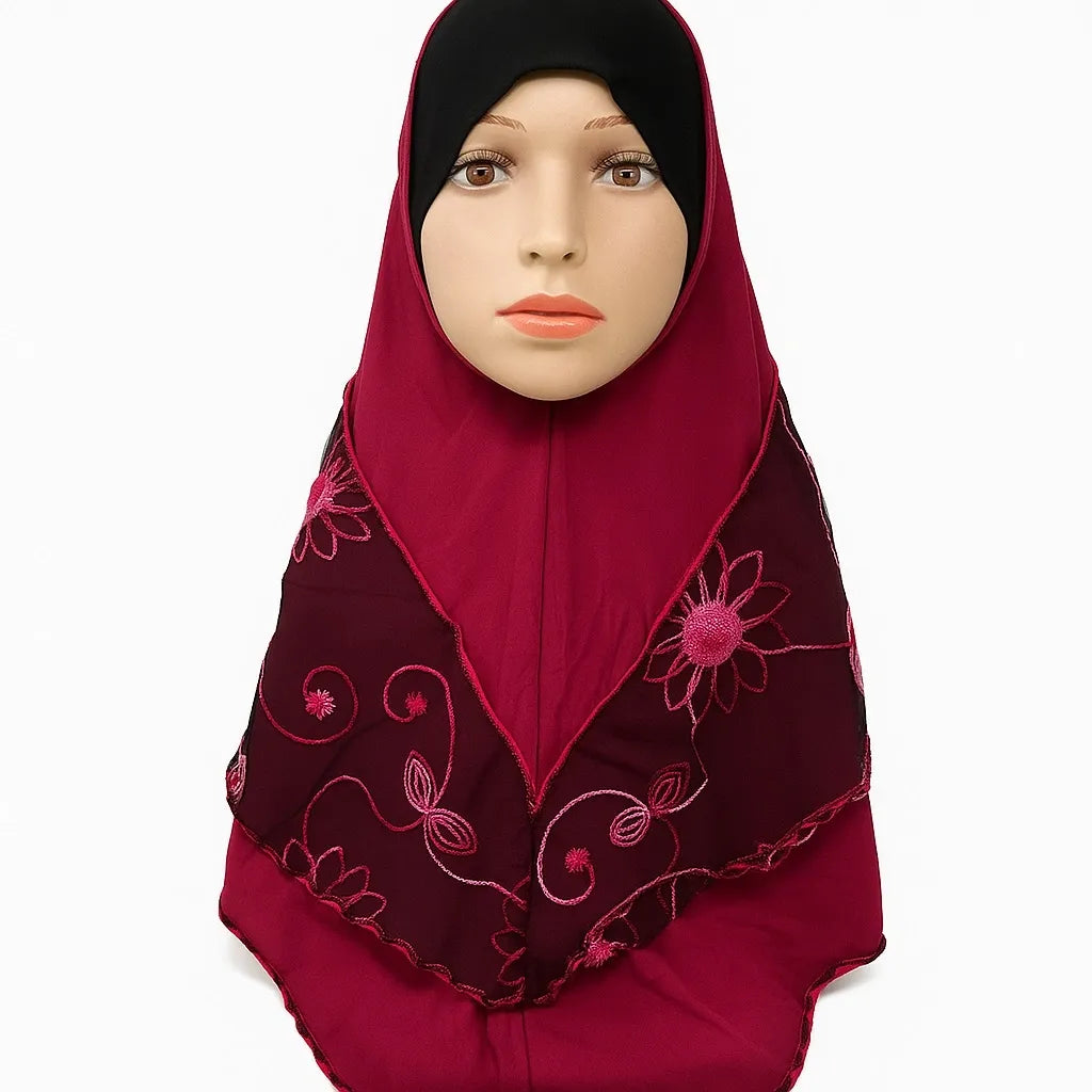 Elegant red floral embroidered hijab with delicate tone on tone flower detailing, soft drape modest headscarf for everyday wear and special occasions by Affordable Hijab USA