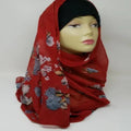 red floral chiffon hijab scarf lightweight breathable flowy fabric modest Muslim headscarf elegant drape hijab with flower print full coverage stylish scarf for women