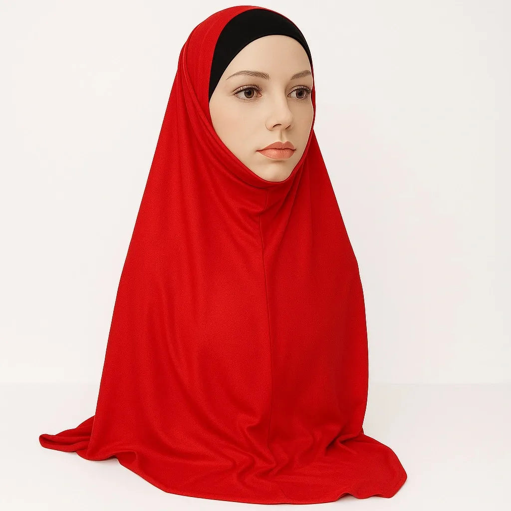 Model wearing red full coverage khimar hijab with soft flowing drape and lightweight breathable fabric, modest Islamic head covering for women, front and side view on white background