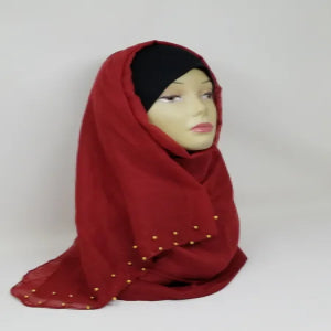 red hijab scarf with gold bead detailing soft fabric modest fashion head covering elegant full coverage style for women comfortable drape for everyday and special occasions