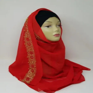 red hijab scarf with gold edge trim soft modest headscarf for women full coverage smooth fabric elegant bright red hijab modest fashion wrap