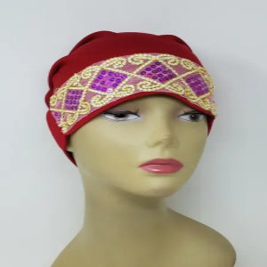 Red underscarf cap with gold design, soft stretch hijab inner cap for women, breathable full coverage headwear, secure fit modest underscarf for everyday wear