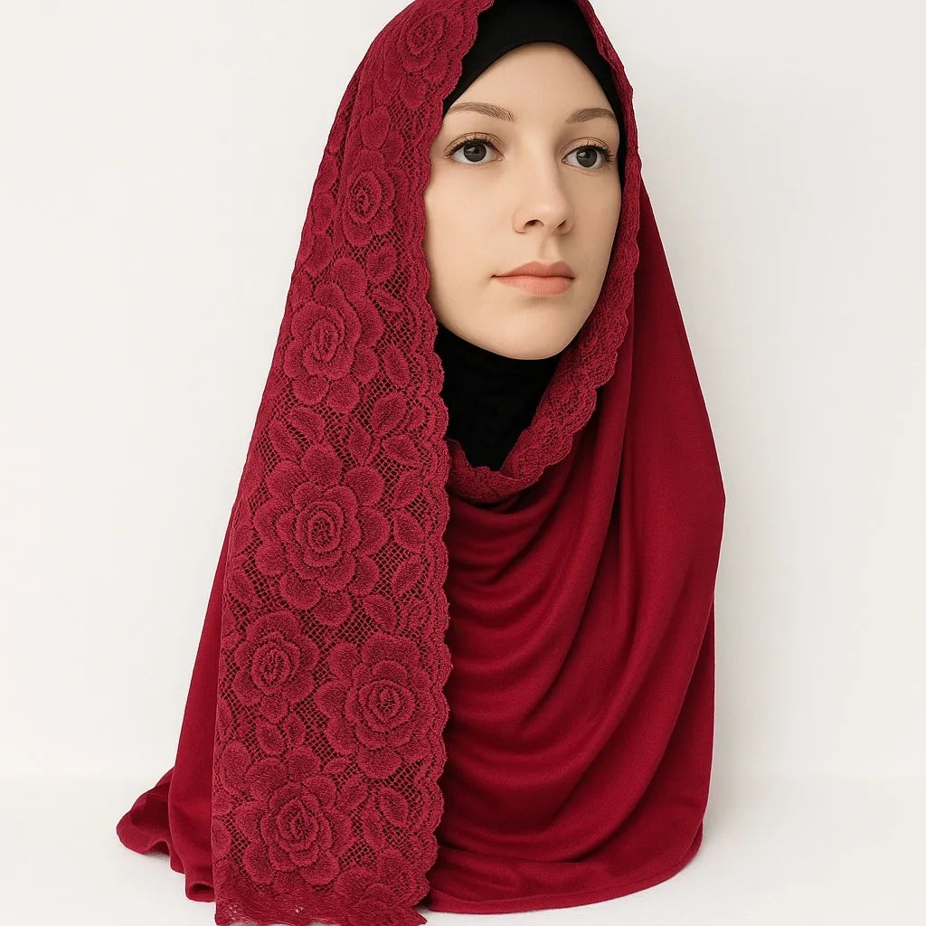 Red jersey hijab scarf with lace trim edge, soft stretch modest headscarf for women, breathable Islamic hijab with elegant lace border, full coverage everyday modest wear