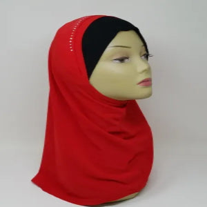Red one piece hijab with black inner cap, modest full coverage slip on hijab for daily wear, soft easy wear head covering