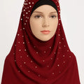 Red chiffon hijab with pearl bead detailing, elegant modest headscarf for women, lightweight breathable Muslim hijab scarf with delicate pearl embellishments for Eid, weddings, and special occasions