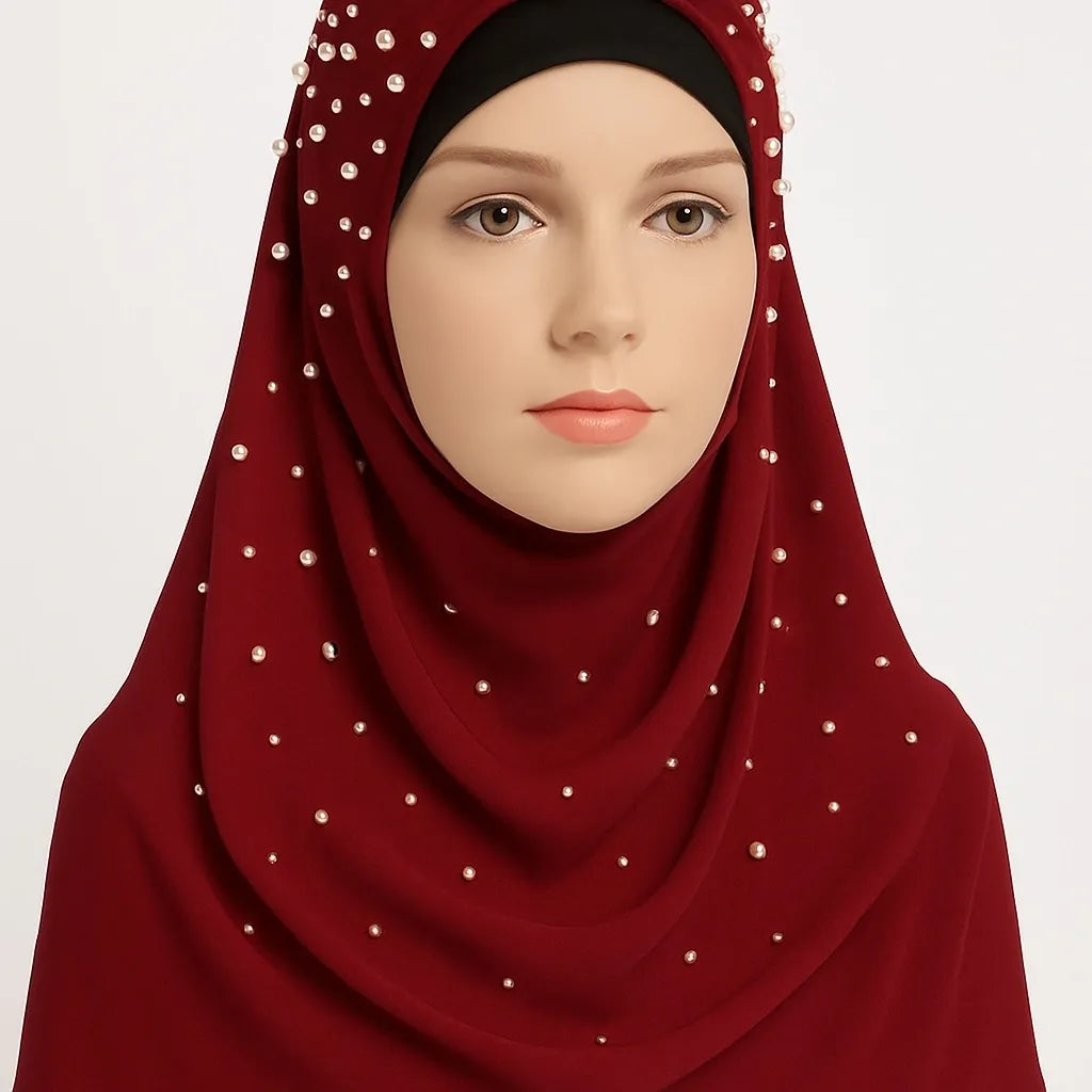 Red chiffon hijab with pearl bead detailing, elegant modest headscarf for women, lightweight breathable Muslim hijab scarf with delicate pearl embellishments for Eid, weddings, and special occasions