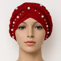 Red pearl embellished turban cap for women, pre tied modest headwrap with bead details, elegant Islamic head covering, Affordable Hijab USA