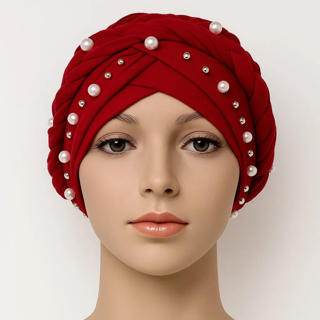Red pearl embellished turban cap for women, pre tied modest headwrap with bead details, elegant Islamic head covering, Affordable Hijab USA