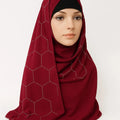 Red chiffon hijab with rhinestone geometric pattern styled on model, elegant full coverage modest scarf for special occasions USA