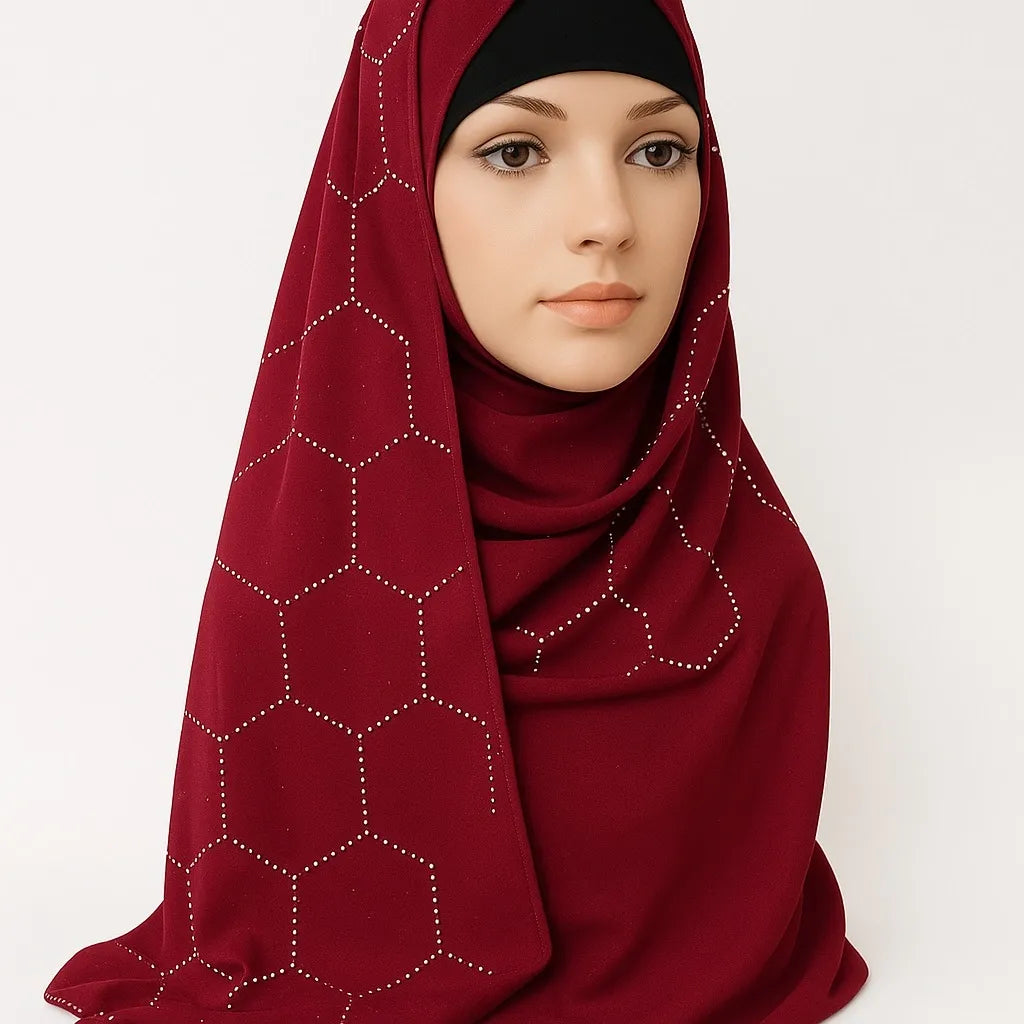 Red chiffon hijab with rhinestone geometric pattern styled on model, elegant full coverage modest scarf for special occasions USA