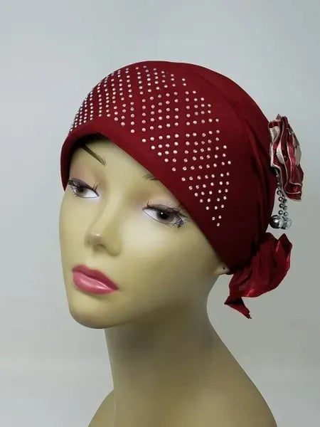 Red rhinestone flower hijab cap with sparkling rhinestones on soft stretch fabric modest Muslim head covering elegant Islamic headwear for women