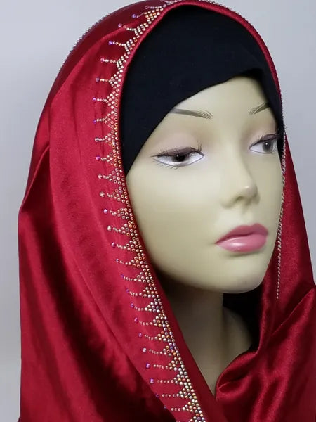 Red satin hijab scarf with rhinestones along the front edge and lace with rhinestone detailing on the back, elegant modest head scarf for Muslim women.