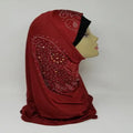 Red one piece hijab with rhinestone side design, full coverage modest headscarf, soft draped fabric, ready to wear instant hijab for daily wear, formal events and special occasions