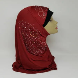 Red one piece hijab with rhinestone side design, full coverage modest headscarf, soft draped fabric, ready to wear instant hijab for daily wear, formal events and special occasions
