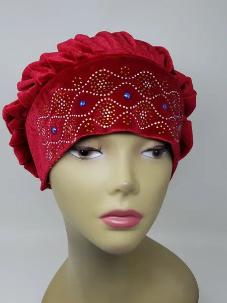 Red rhinestone turban for women with crystal front design, soft stretch headwrap turban, stylish modest headwear, elegant red turban cap for daily wear, breathable comfortable hair covering, fashion turban for women, luxury rhinestone detail headwrap, secure fit turban for hair protection and style