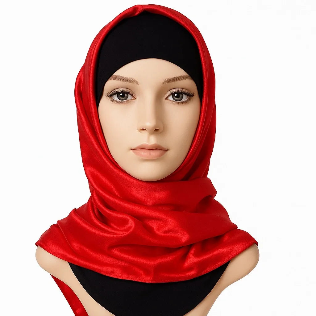 Red satin square hijab silky smooth fabric shiny elegant modest headscarf lightweight Islamic scarf for women