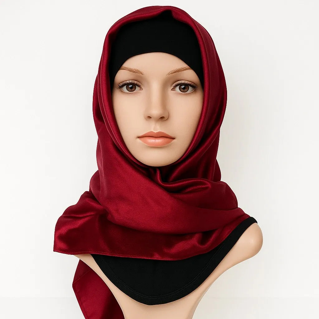 Red satin square hijab silky smooth shiny fabric elegant modest headscarf lightweight Islamic scarf for women