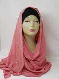 Rose pink rhinestone chiffon hijab scarf for women, lightweight chiffon headscarf with sparkle detail, elegant modest hijab, long drape scarf, breathable fabric hijab, Muslim women head covering, stylish dusty pink chiffon hijab with rhinestones, dressy hijab for special occasions