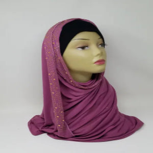 Rose pink rhinestone jersey hijab with soft heavy stretch fabric and sparkling side detail, full coverage modest headscarf for daily wear and special occasions, comfortable wrap style