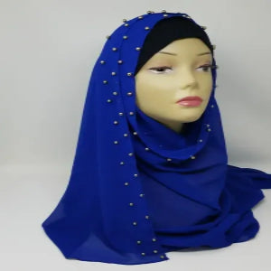 royal blue beaded chiffon hijab scarf lightweight breathable flowy fabric modest Muslim headscarf elegant drape hijab with bead detail full coverage stylish scarf for women