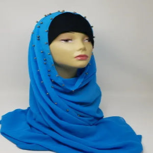 royal blue chiffon hijab scarf with beads lightweight breathable flowy fabric modest muslim headscarf elegant drape hijab full coverage stylish everyday hijab for women