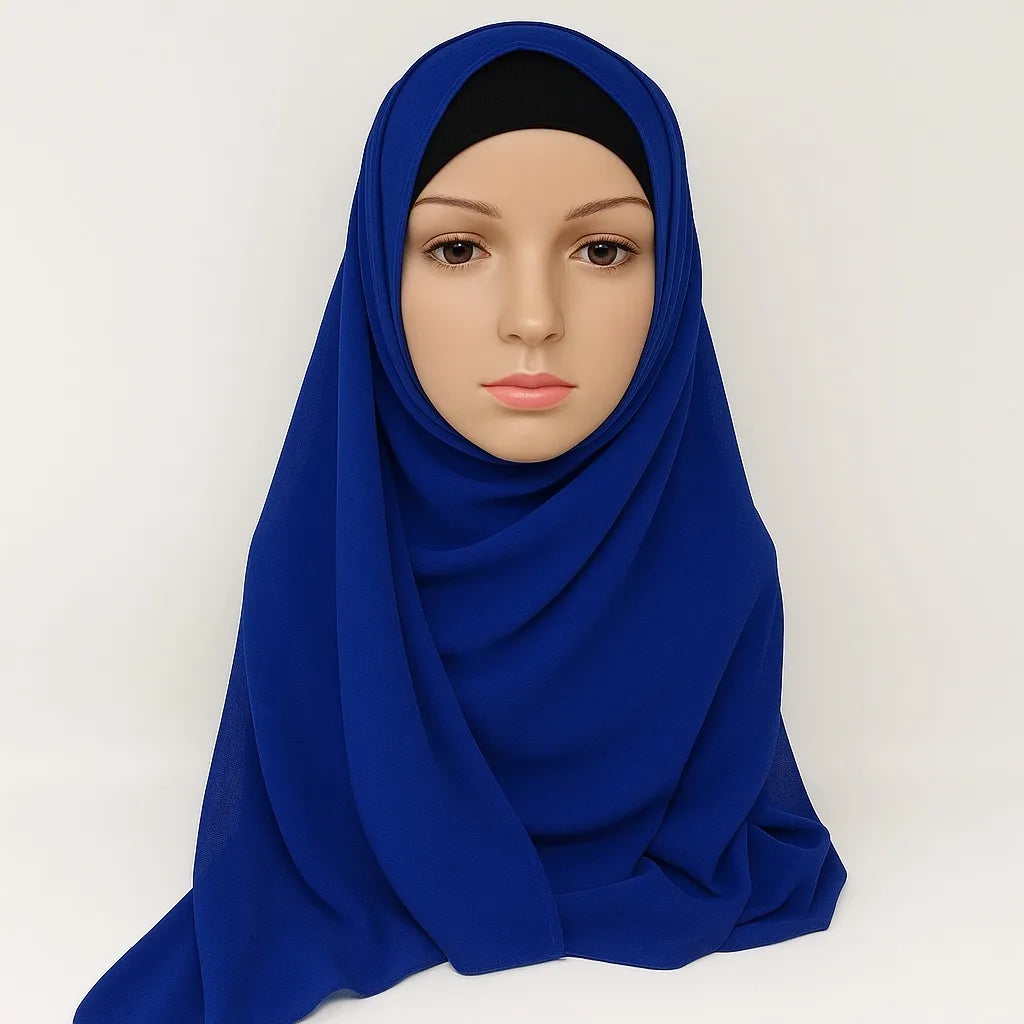 Royal blue chiffon hijab scarf for women, soft lightweight modest headscarf, breathable Muslim wrap, full coverage elegant everyday and formal styling