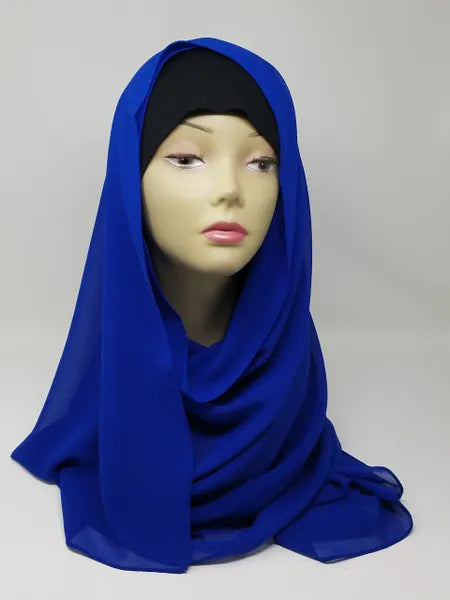 Royal blue chiffon hijab scarf for women, lightweight breathable sheer hijab, soft flowy modest headscarf, elegant blue chiffon hijab for everyday wear and prayer, long smooth drape scarf for modest fashion styling and all day comfort