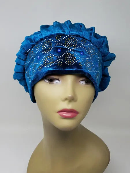 Royal blue turban cap with rhinestone embellishments and textured pleated design, stylish modest headwrap for women, elegant ready to wear turban