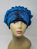 Royal blue turban cap with rhinestone embellishments and textured pleated design, stylish modest headwrap for women, elegant ready to wear turban