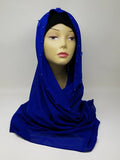 Royal blue hijab scarf draped on mannequin, soft modest wrap with smooth finish, full coverage headscarf for everyday wear, simple elegant styling for women