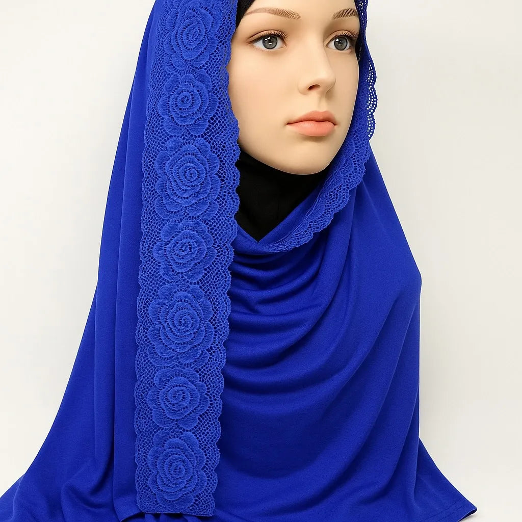 Royal blue jersey hijab scarf with lace trim edge, soft stretch modest headscarf for women, breathable Islamic hijab with elegant lace border, full coverage everyday modest wear