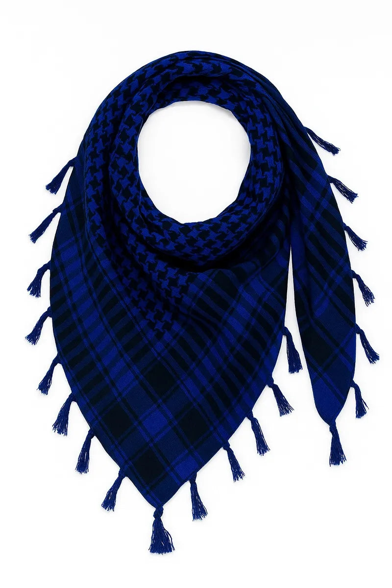 Royal blue keffiyeh scarf with traditional woven pattern and tassel fringe, lightweight cotton blend keffiyeh headscarf for men and women