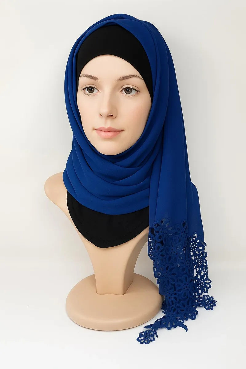 Royal blue lace trim hijab with tassel detail, elegant modest Muslim women headscarf, lightweight draped shawl for Eid events and everyday wear