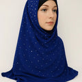 Royal blue chiffon hijab with pearl bead detailing, elegant modest headscarf for women, lightweight breathable Muslim hijab scarf with delicate pearl embellishments for Eid, weddings, and special occasions