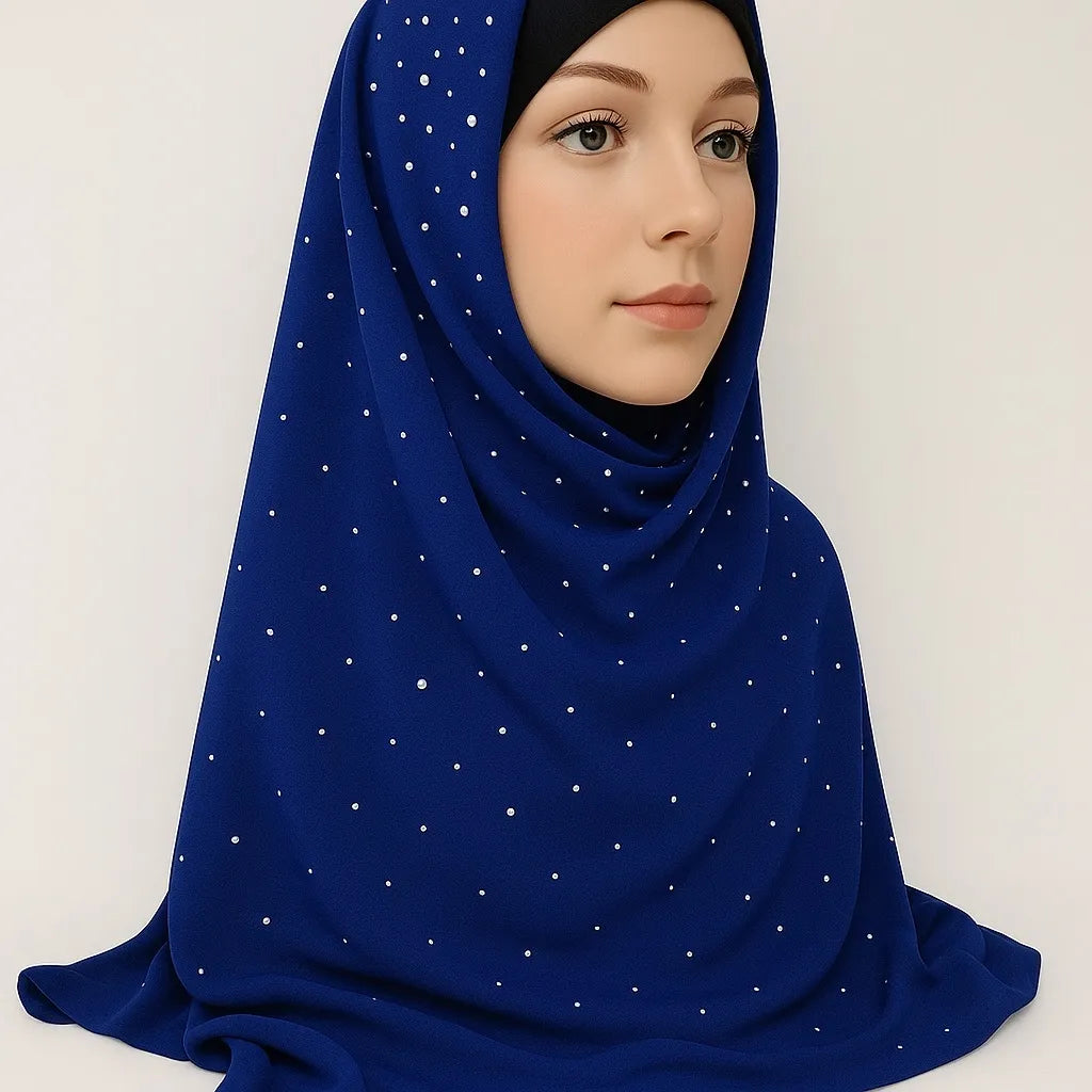 Royal blue chiffon hijab with pearl bead detailing, elegant modest headscarf for women, lightweight breathable Muslim hijab scarf with delicate pearl embellishments for Eid, weddings, and special occasions