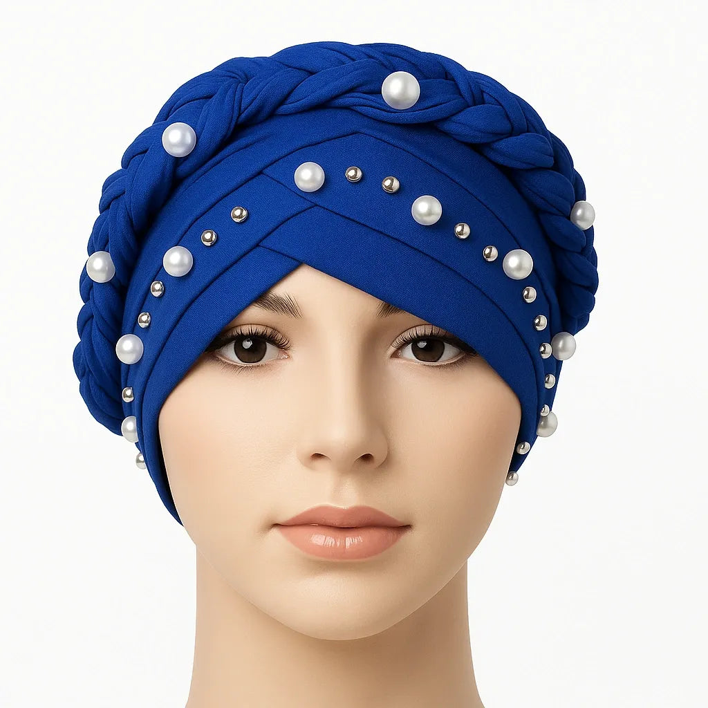 Royal blue pearl embellished jersey turban cap for women, pre tied modest headwrap with full front bead detailing, elegant Islamic head covering, Affordable Hijab USA
