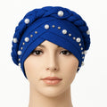 Royal blue pearl embellished jersey turban cap for women, pre tied modest headwrap with full front bead detailing, elegant Islamic head covering, Affordable Hijab USA